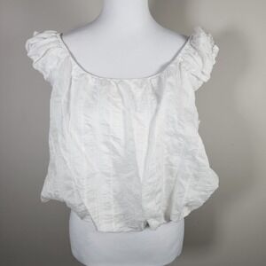White Fairycore Bubble Hem Crop Tank Top Large Ruched Ruffle Boho Summer Blouse